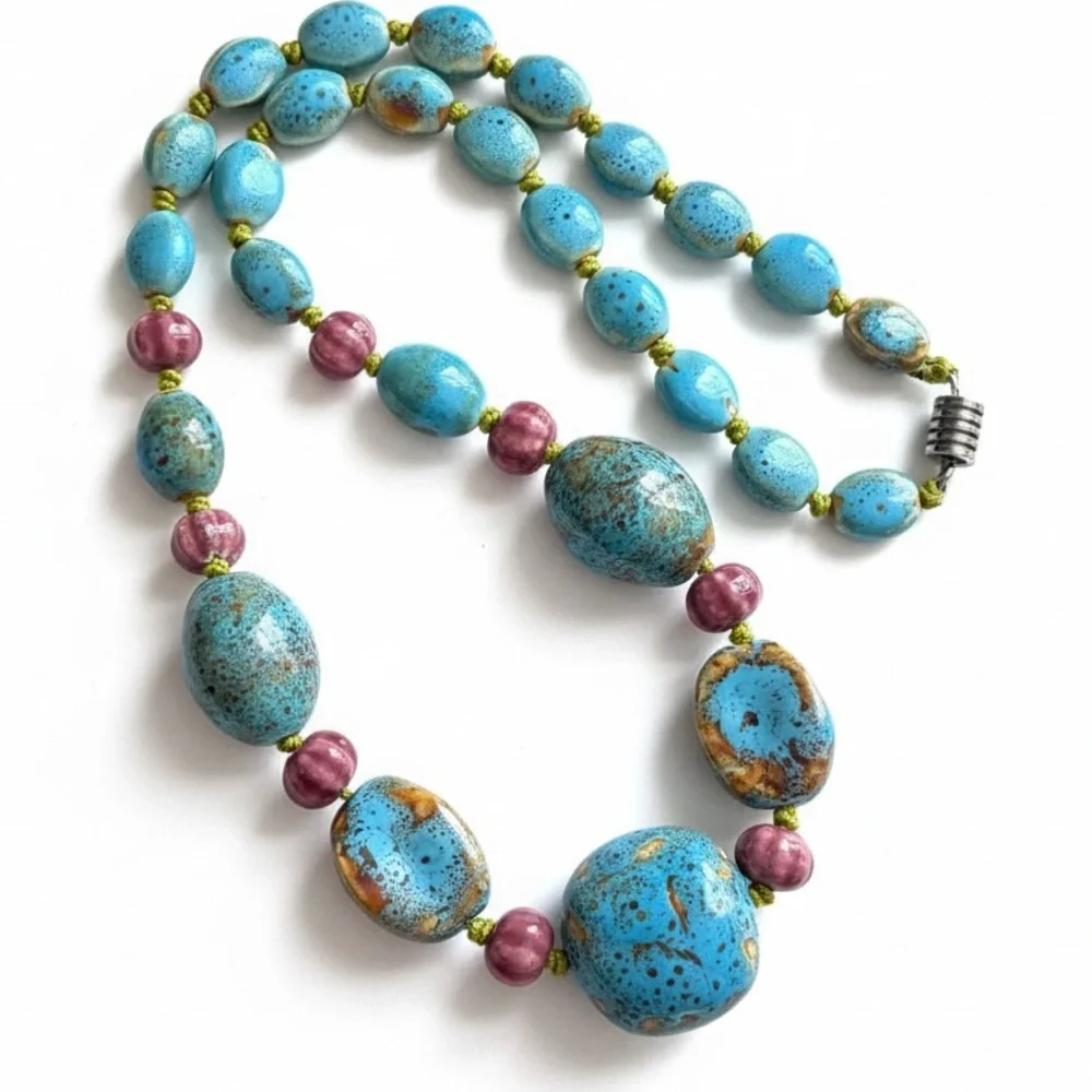 Vintage Artisan Ceramic Bead Statement Necklace Turquoise Speckled 26” Inch - Picture 15 of 15
